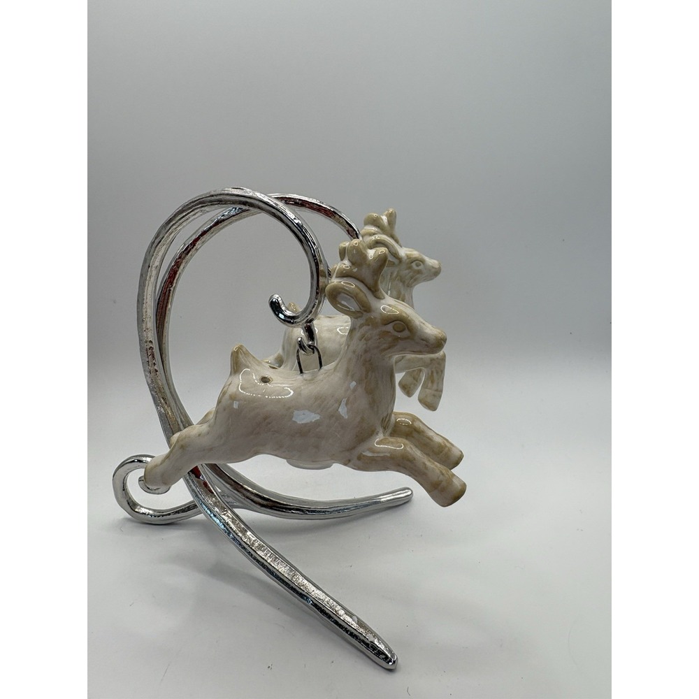 Pottery Barn Galloping Reindeer Salt Pepper Shakers Stand 2012 Original Box
